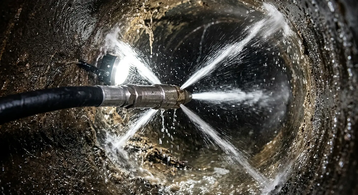 High-pressure hydro jetting nozzle cleaning sewer pipe for Trenchless Sewer Repair in Nashua