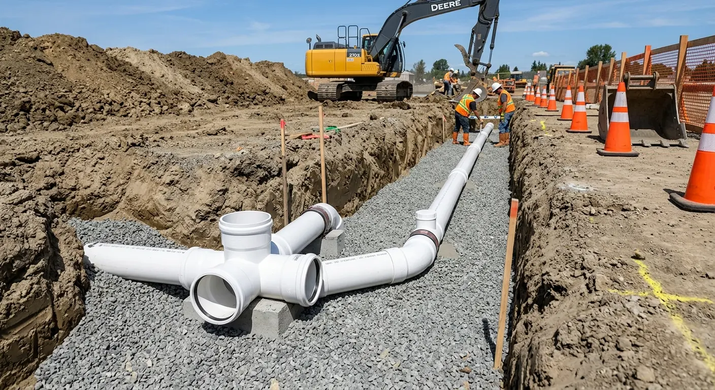 New PVC sewer pipe installation in open trench for Commercial Drain Cleaning in Nashua