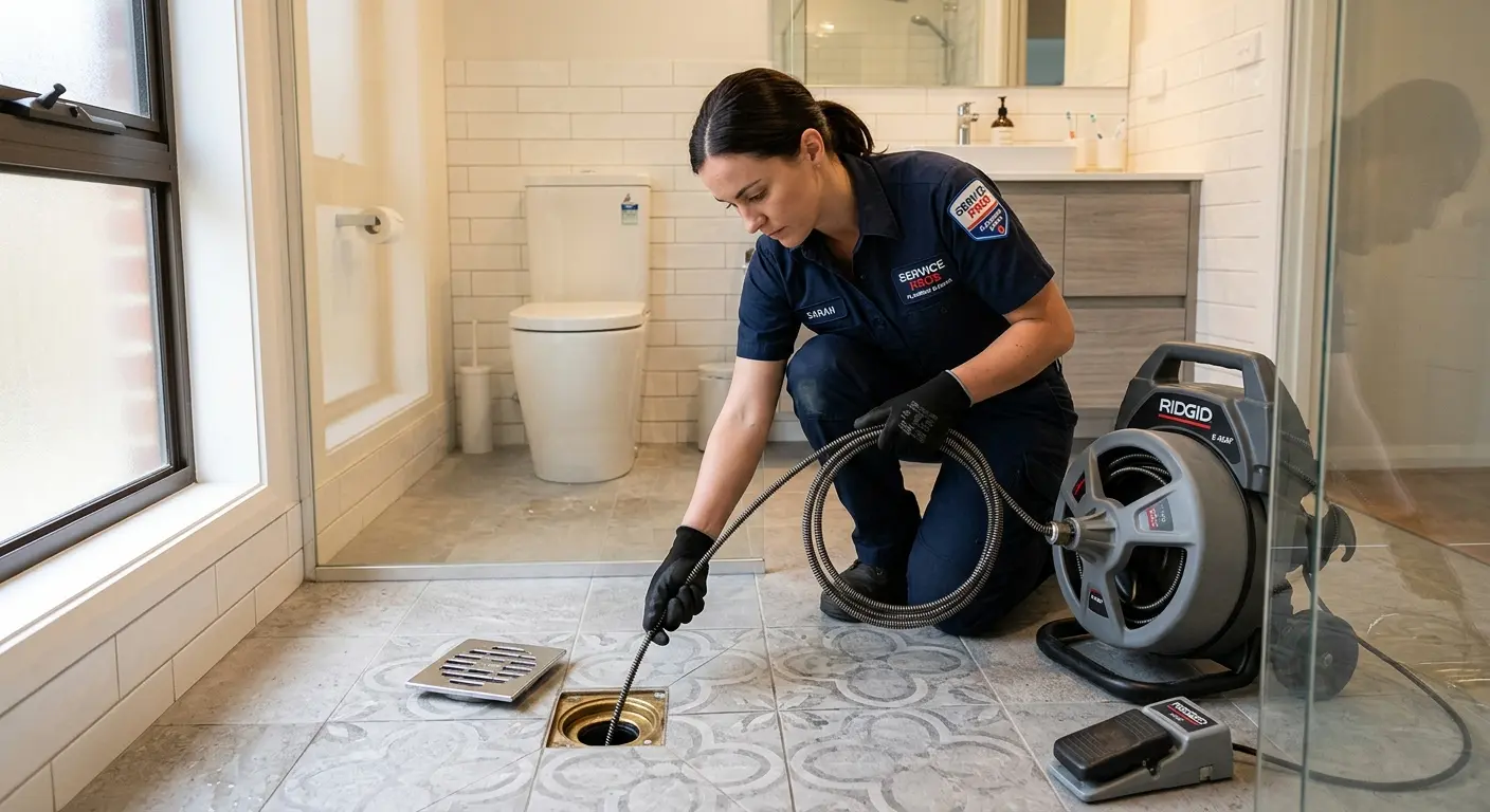 Technician clearing a bathroom floor drain for Sewer Line Replacement in Nashua